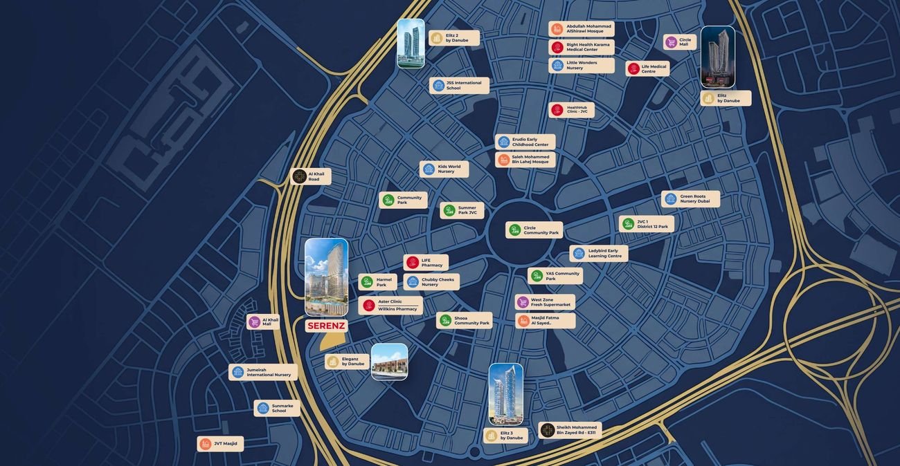 Developer's neighbourhood map of Jumeirah Village Circle with schools, clinics and parks marked