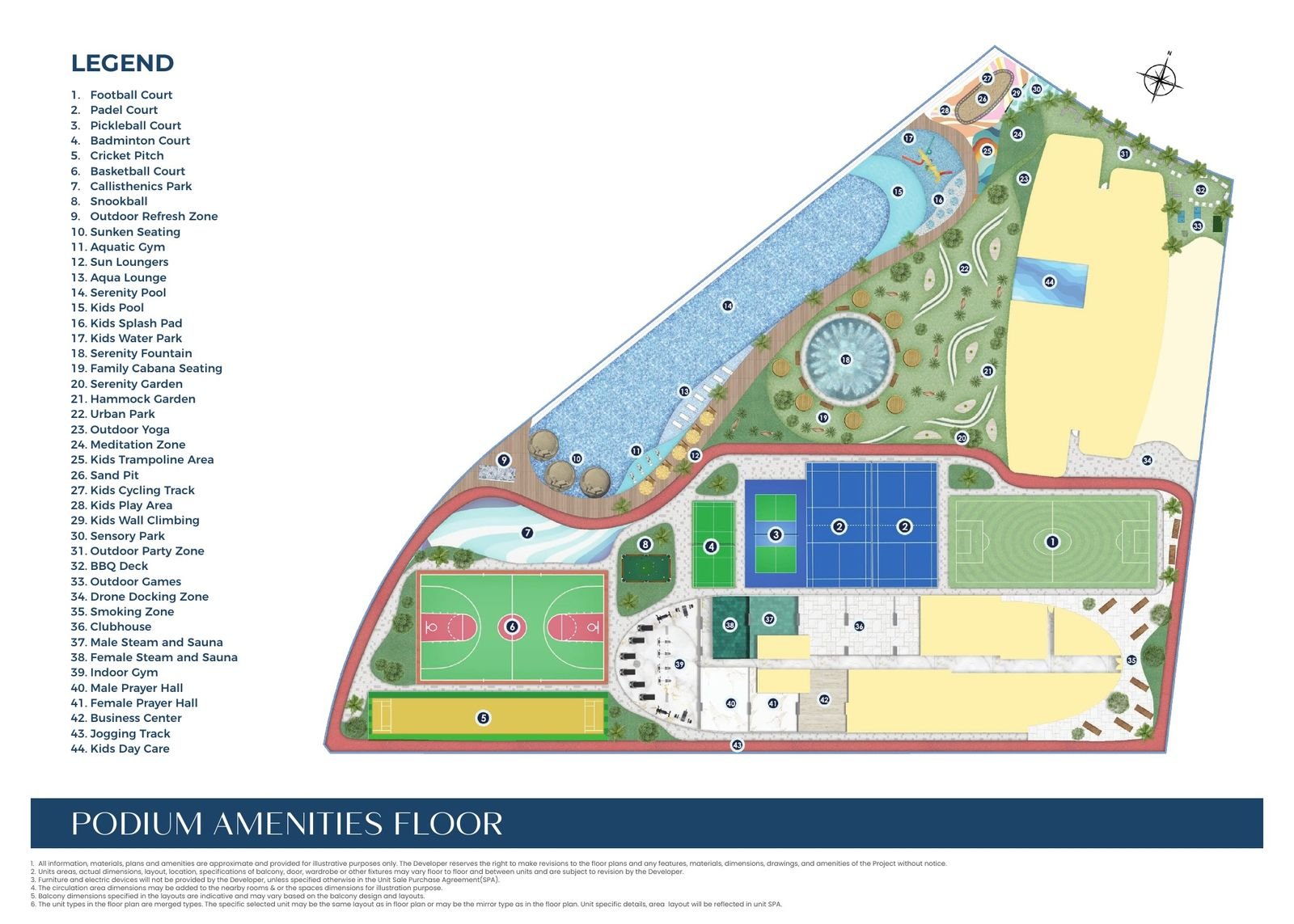 Podium amenities floor plan with numbered legend