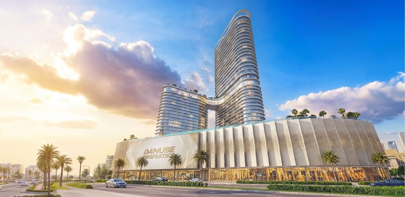 Serenz by Danube tower and podium on a Jumeirah Village Circle street, artist's impression